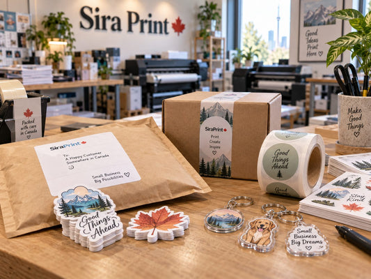 A padded mailer, a shipping box, die cut stickers and acrylic keychains on the packing table at Sira Print