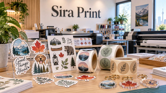 Die cut stickers on a display stand, a sticker sheet, roll labels and acrylic keychains on the work table at Sira Print