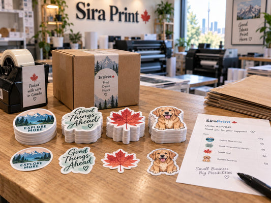 One 250-sticker order split across four designs, packed at Sira Print in North York, Toronto