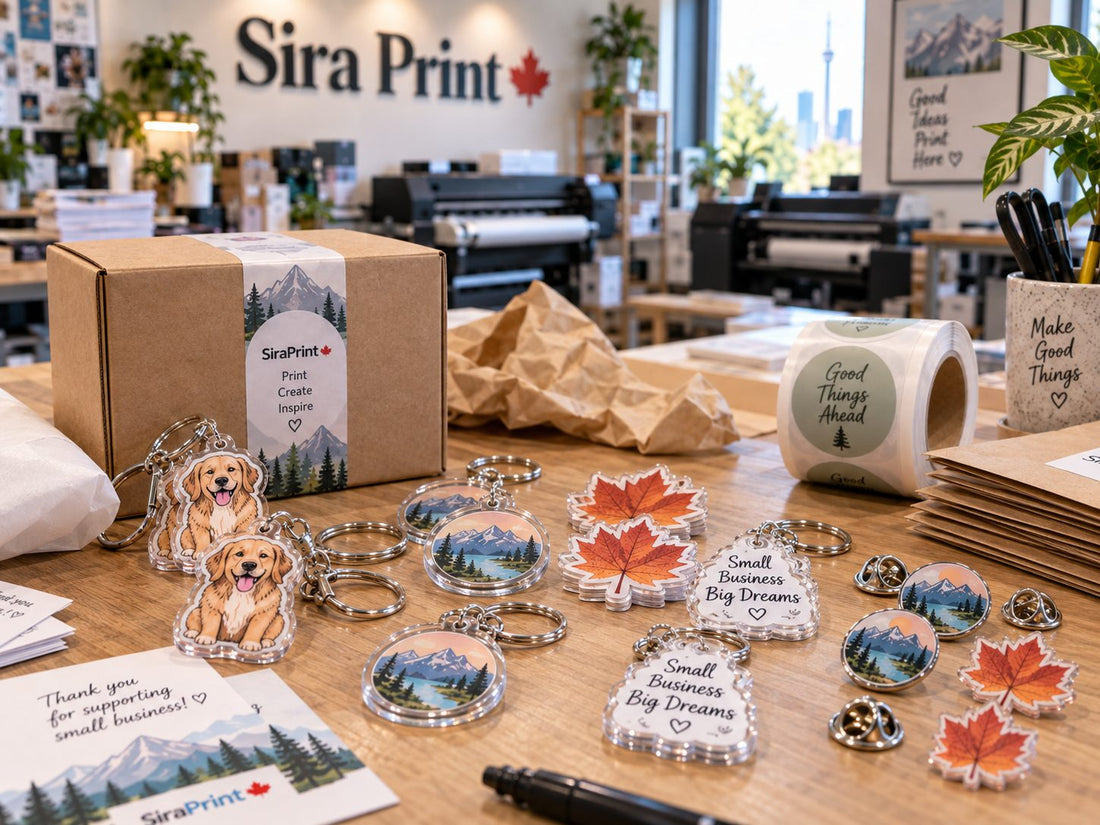 Acrylic keychains, pins and die cut stickers with a shipping box on the packing table at Sira Print