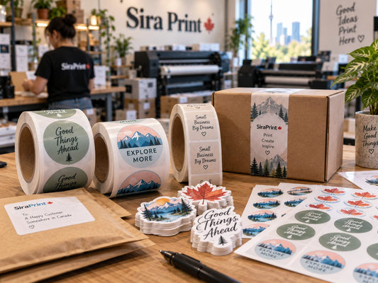 Roll labels, sticker sheets and a mailer on the packing table at Sira Print