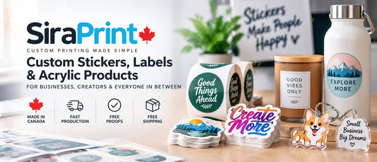 Custom printing banner with sticker and label samples at Sira Print