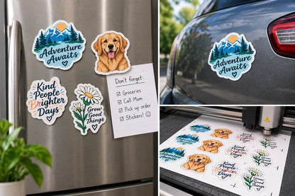 Custom printed magnets on a stainless fridge, one on a car panel, and a sheet of magnets on the cutter at Sira Print
