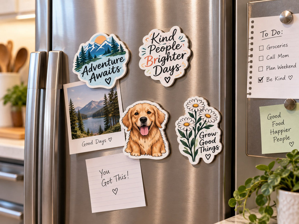 Custom die cut fridge magnets holding notes and a photo on a kitchen fridge
